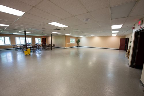 A large dining hall where we serve community dinners and have functions